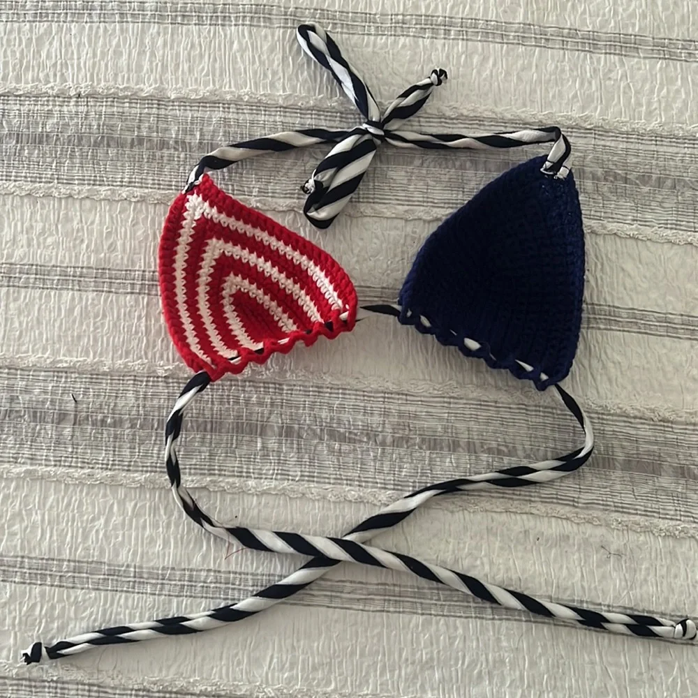 Crochet Triangle Bikini Top - Red & Navy